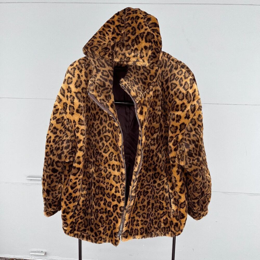 Vintage Jacobson's Leopard Print Faux Fur Hooded Jacket, Size Large